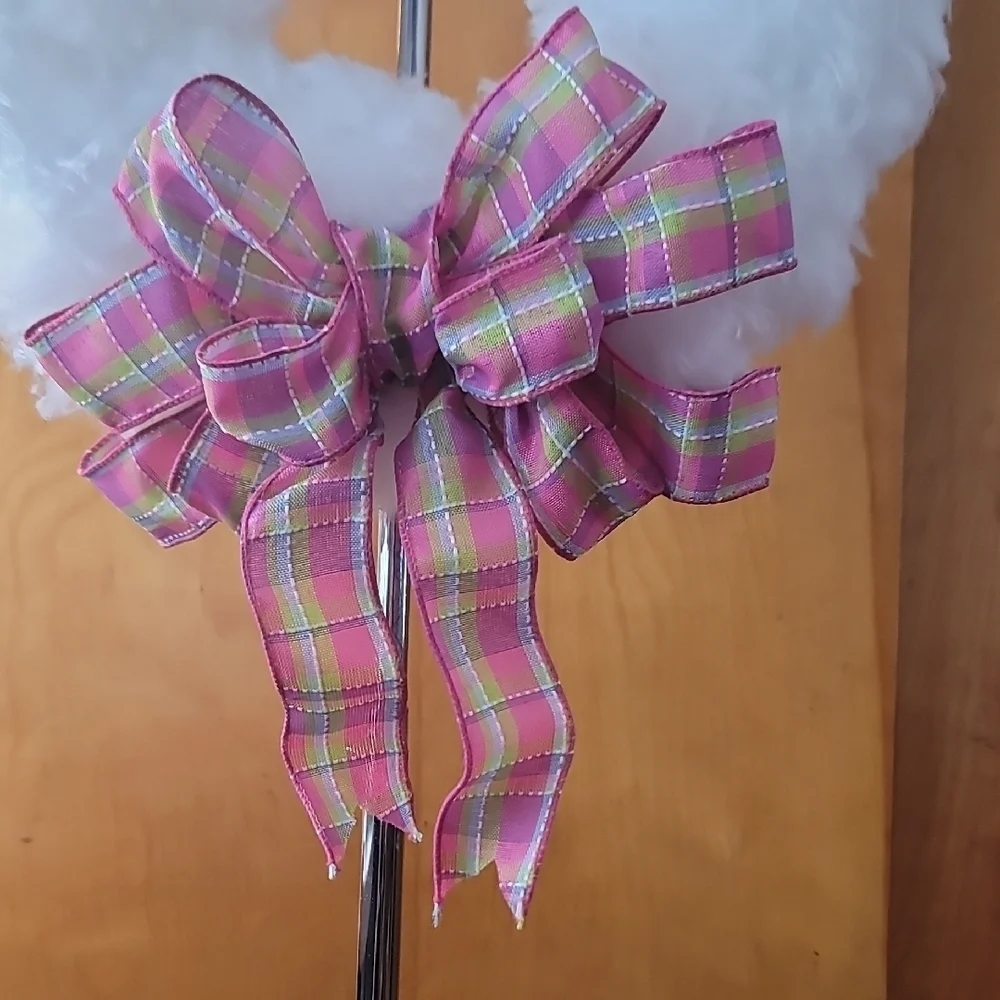 White Bunny Ear Wreath with Pink Plaid Bow